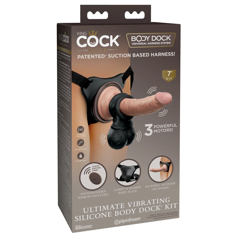 King Cock Elite Ultimate Vibrating Silicone Body Dock Strap-On Kit includes a push & play strap-on harness, a vibrating 7" dual-density dildo & vibrating swinging balls for irresistible slapping sensations. Package.