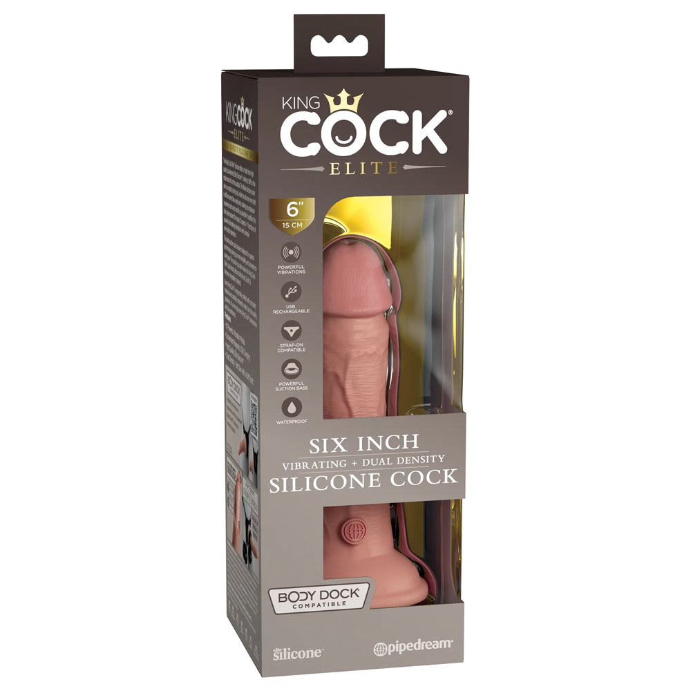 King Cock Elite Vibrating 6" Dual Density Silicone Dildo is made from dual-layered silicone w/ a firm inner core + soft skin-like outer & has 10 powerful vibration modes to enjoy! Package.