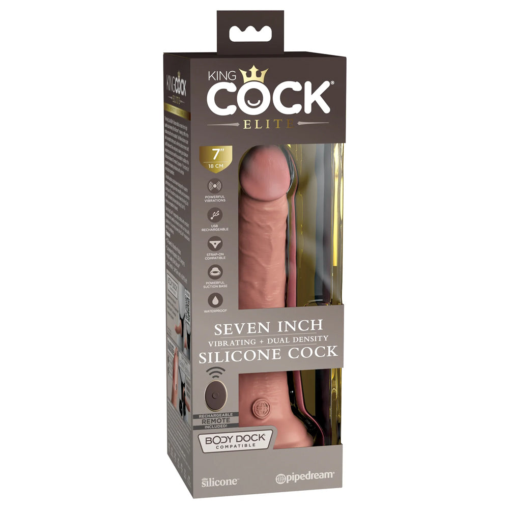 King Cock Elite Vibrating 7" Dual Density Silicone Dildo is made from dual-layered silicone w/ a firm core + soft outer like a real erection & has 10 vibration modes to enjoy! Package.
