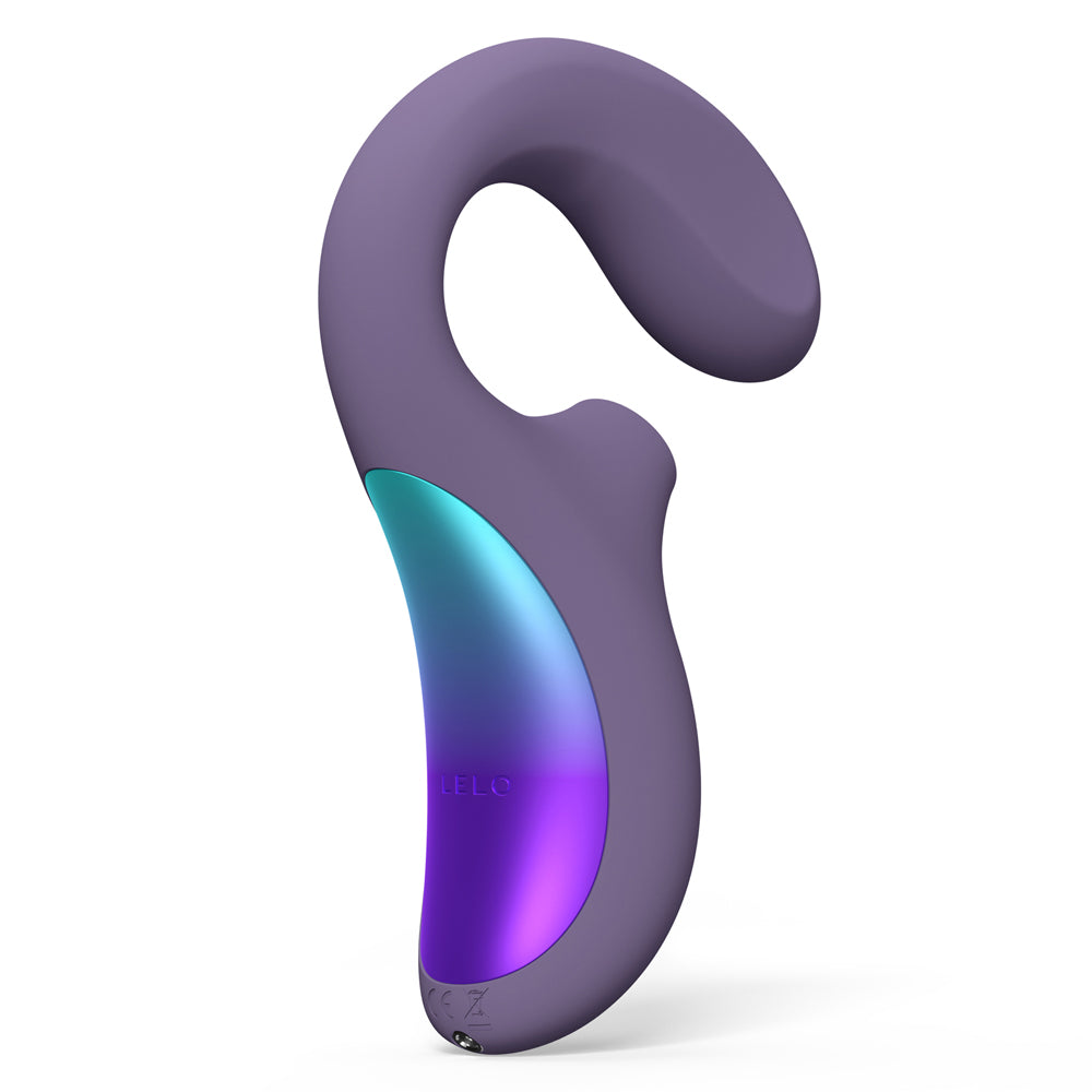 A purple silicone sex toy with a rainbow gradient panel, clitoris sucker and curved G-spot arm sits on a white background.