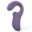 A purple silicone sex toy with a clitoral chamber and curved G-spot arm shows its 3-button control panel.