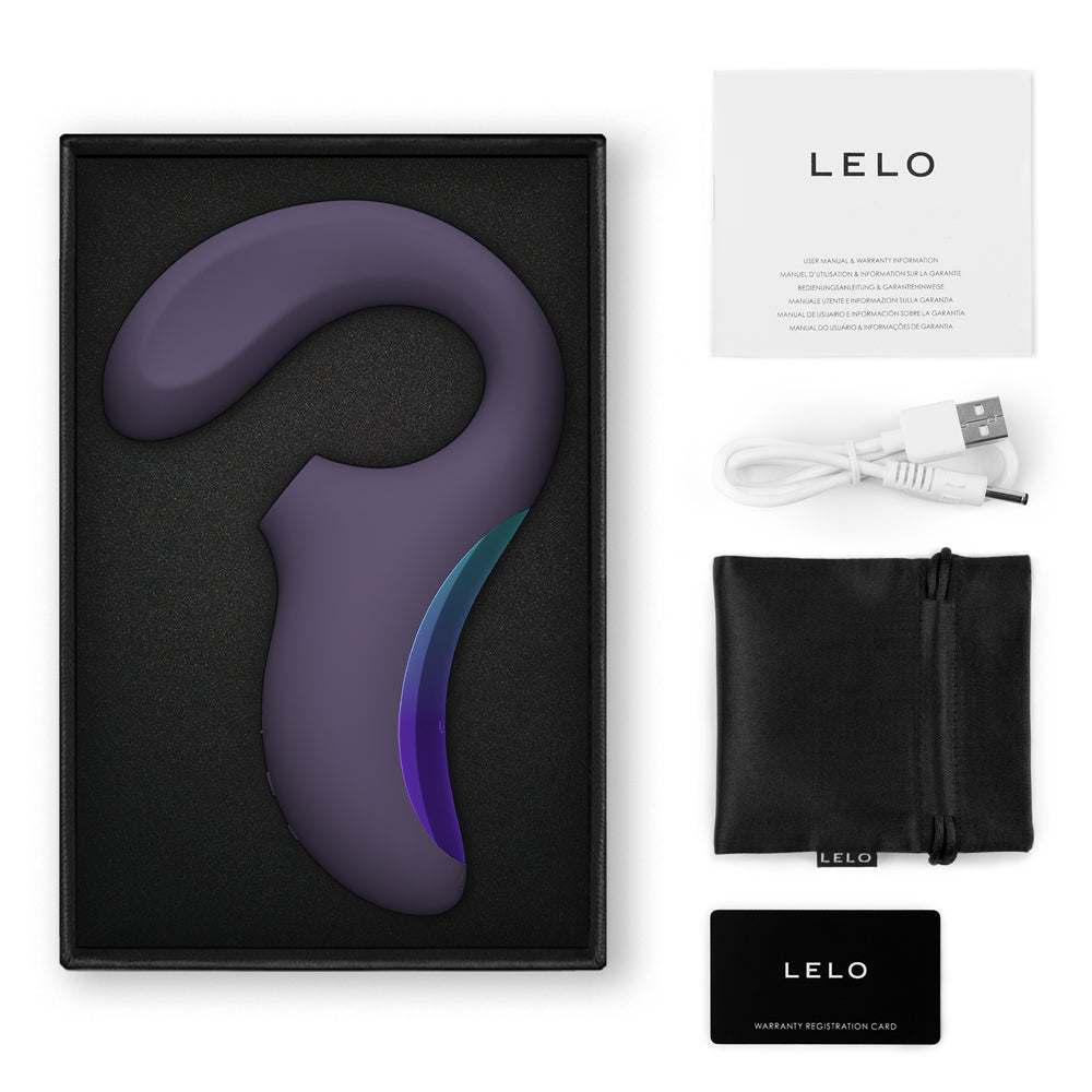 LELO's Enigma Wave sex toy is displayed in its box with a warranty card, storage bag, charger and instruction manual.