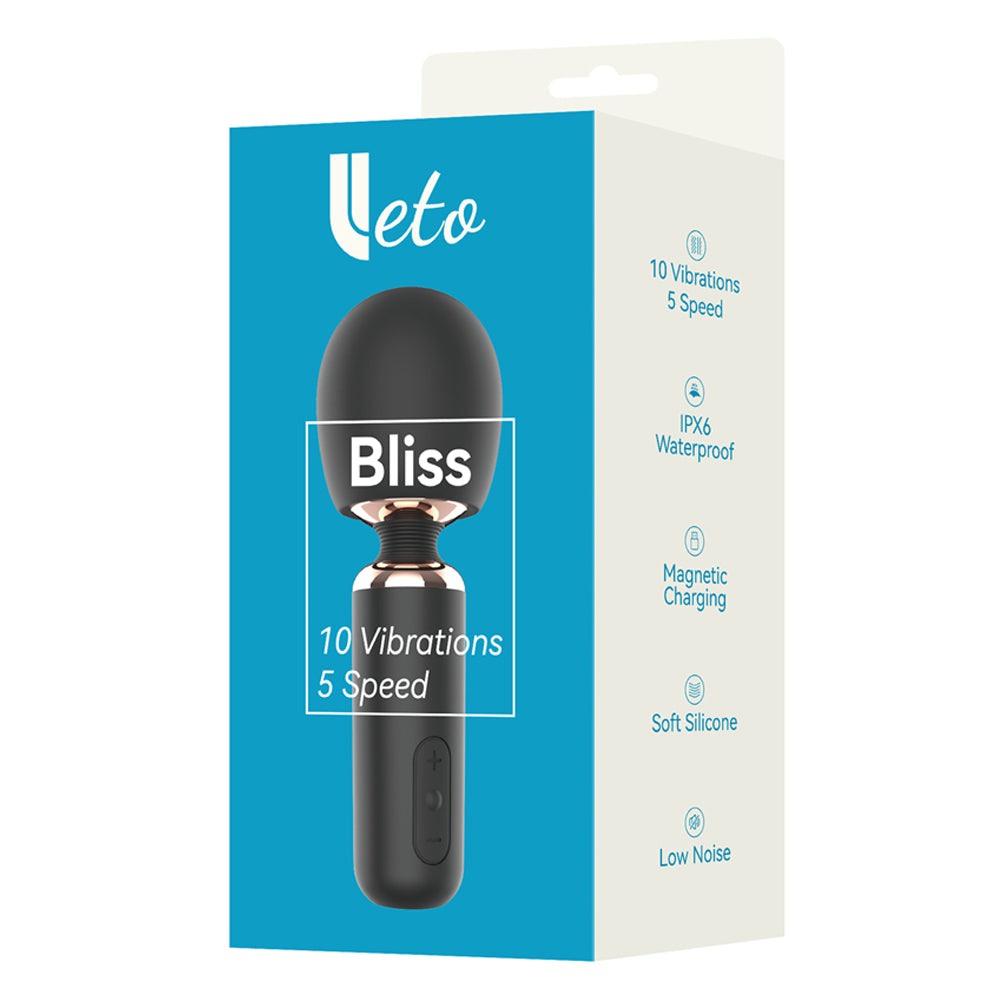 Leto Bliss Compact Rechargeable Wand Vibrator has 5 vibration patterns & 3 speed intensities each in a large, weighty head atop a travel-friendly body. Package.