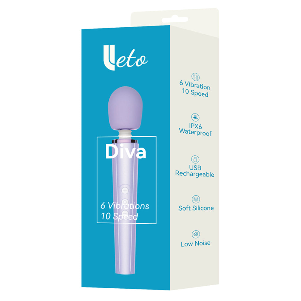 Leto Diva Cordless Rechargeable Wand Vibrator has 6 vibration patterns & 10 speed intensities each to please you or a partner. Package. 