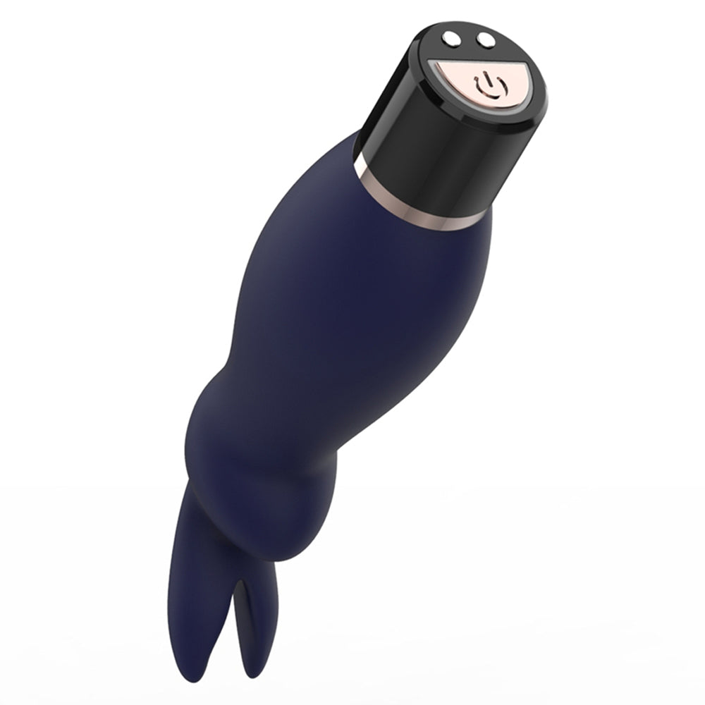 Leto Kloss 10-Mode Silicone Bunny Bullet Vibrator has dual pointed rabbit ears to surround or directly stimulate the clitoris/nipples & has 10 vibration modes. Control button.