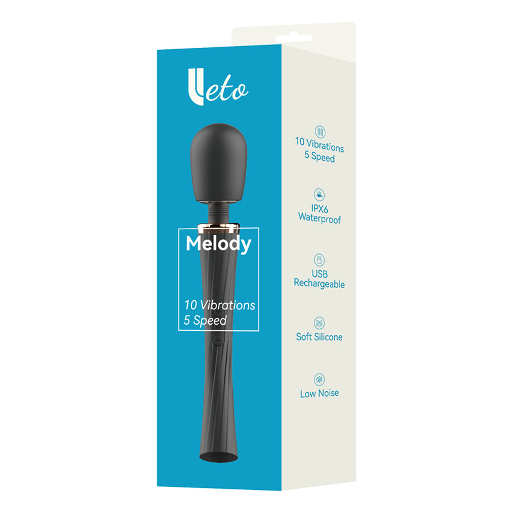 Leto Melody Cordless Rechargeable Silicone Wand Vibrator has 5 vibration patterns at 3 intensities each in an all-silicone body w/ a secure-grip grooved handle. Package.