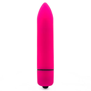A hot pink, tapered bullet vibrator with a pointed tip and a smooth surface.