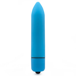 A blue tapered bullet vibrator with a pointed tip and a smooth surface.