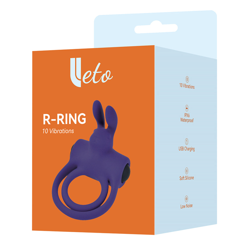Leto R-Ring Vibrating Clitoral Bunny Cock & Ball Ring keeps you harder for longer & fits around shaft + testicles for a secure fit & have vibrating rabbit ears to stimulate a partner's clitoris! Package.