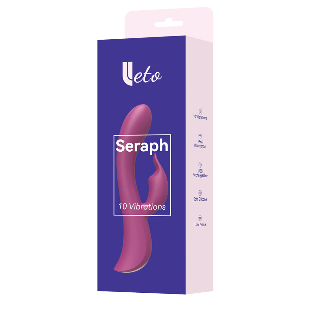 Leto Seraph Flexible Silicone Rabbit Vibrator has 10 synchronised vibration modes + a super-strong boost mode in the ergonomically curved G-spot & clitoral heads. Package.