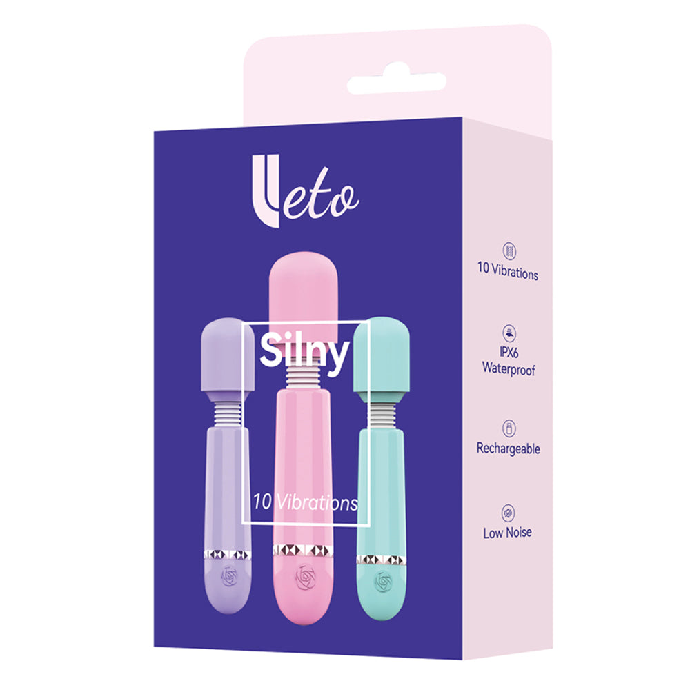Leto Silny 10-Mode Mini Wand Vibrator has 10 vibration modes in a silicone head atop a flexible neck for travel-ready pleasure. Package.