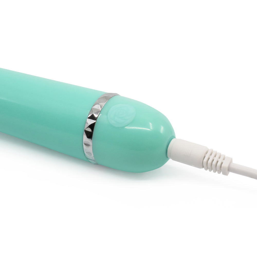 Leto Silny 10-Mode Mini Wand Vibrator has 10 vibration modes in a silicone head atop a flexible neck for travel-ready pleasure. Teal. USB charging.