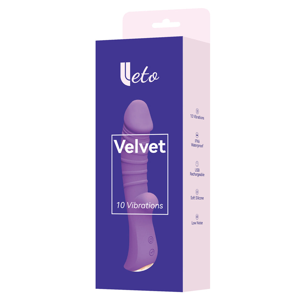 Leto Velvet Flexible Phallic Silicone Rabbit Vibrator has 10 vibration modes + a super-strong boost mode in the ribbed phallic G-spot head & nubby clitoral arm you can press against you as hard as you like! Package.