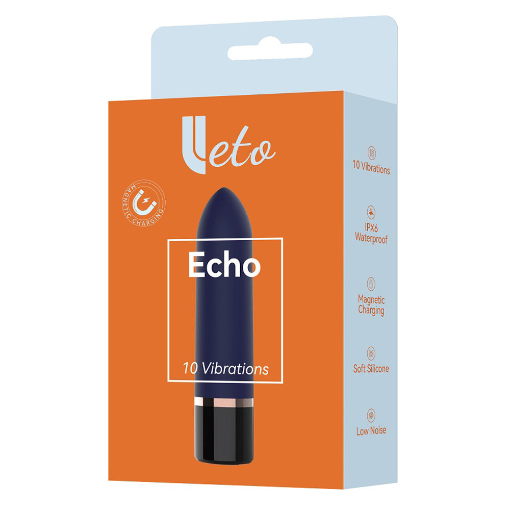 Leto Echo Tapered 10-Mode Silicone Bullet Vibrator has a tapered tip to apply 10 vibration modes with pinpoint-precision on your clitoris, nipples & perineum. Package.