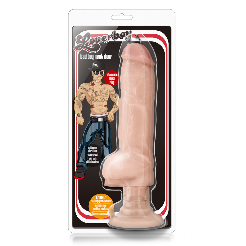 Loverboy Bad Boy Realistic Prince Albert Piercing Vibrating 11" Dildo has a girthy, veiny shaft & a unique Prince Albert piercing through the ridged phallic head for new internal sensations! Package.