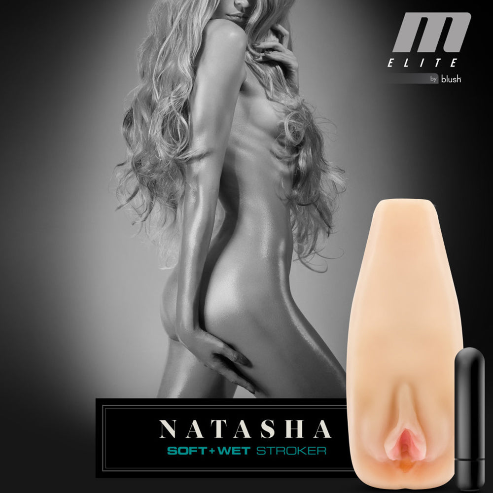 M Elite Natasha Self-Lubricating Vibrating Vaginal Stroker has a ribbed internal texture + a vibrating bullet for more stimulation. The soft TPE self-lubricates w/ water or saliva for a wet & wild ride! Editorial.