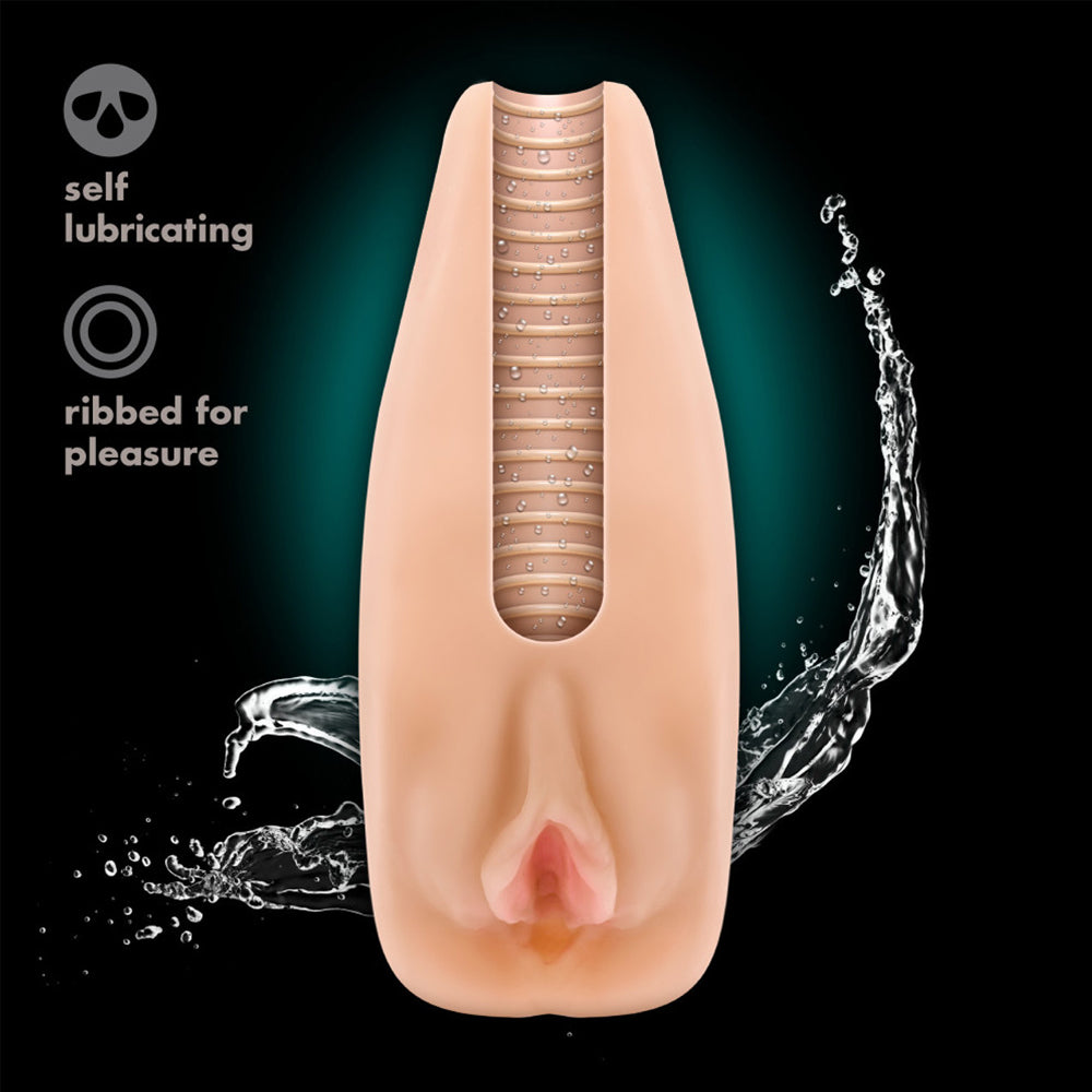 M Elite Natasha Self-Lubricating Vibrating Vaginal Stroker has a ribbed internal texture + a vibrating bullet for more stimulation. The soft TPE self-lubricates w/ water or saliva for a wet & wild ride! Waterproof.