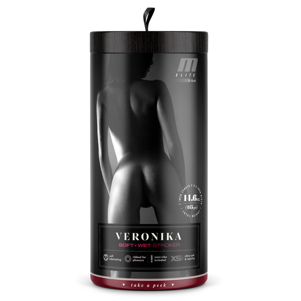 M Elite Veronika Self-Lubricating Vibrating Vaginal Stroker has internal ribbing & includes a vibrating bullet for more stimulation. The soft TPE self-lubricates w/ water or saliva for a wet & wild ride! Package.