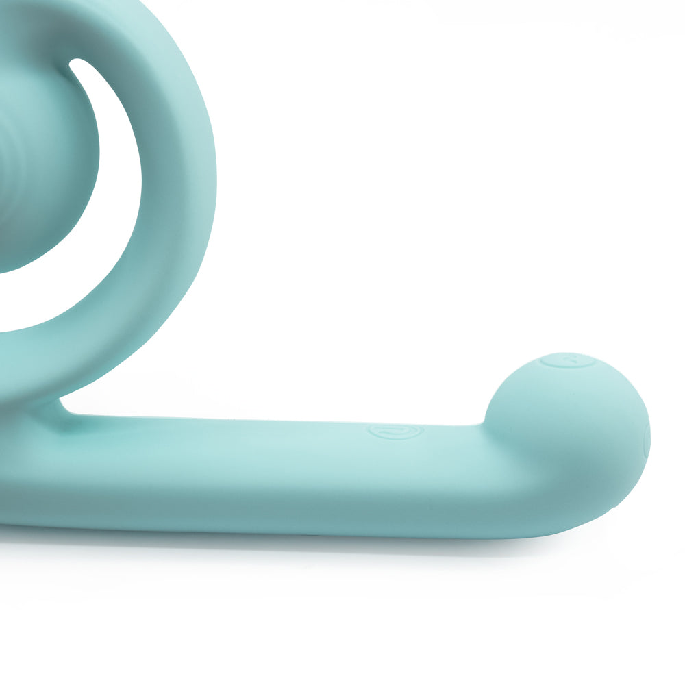 Magic Snail Perfect Contact Flexible Rabbit Vibrator has a unique snail shell design w/ a flexible, rolled-up shape that maintains constant clitoral contact while moving & thrusting! Light green. Control panel.