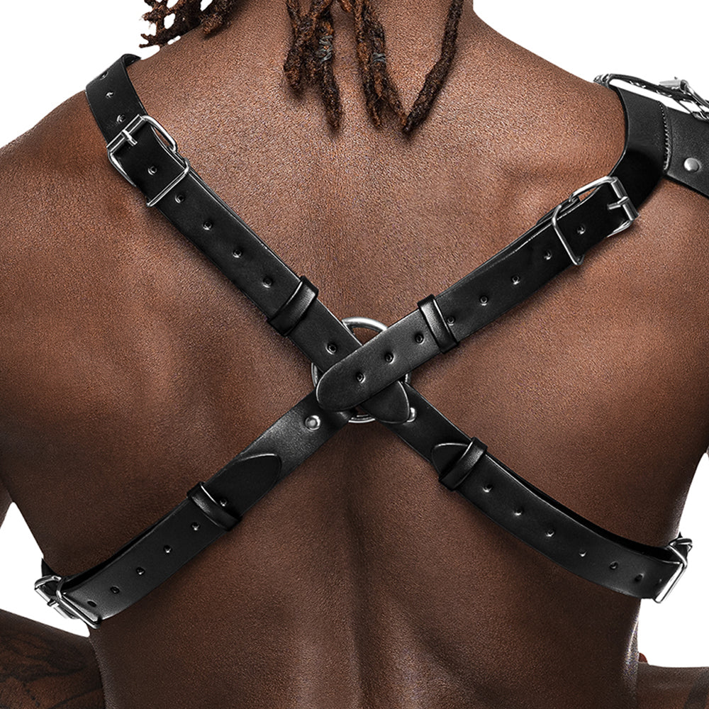 Male Power Aquarius Leather Chest Harness With Shoulder Shield has a bendable shoulder brace made from multiple layers of leather to keep up w/ you from BDSM events to edgy everyday wear! (3)