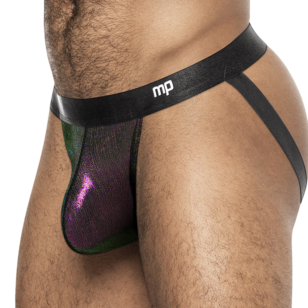 Male Power Hocus Pocus Holographic Uplift Jock Strap has an eye-catching purple holo finish & elastic straps to accentuate your buns + a seamed front pouch for athletic support!