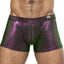 Male Power Hocus Pocus Holographic Uplift Mini Shorts are made from stretchy, deep purple holographic material for an eye-catching finish, perfect for any occasion.