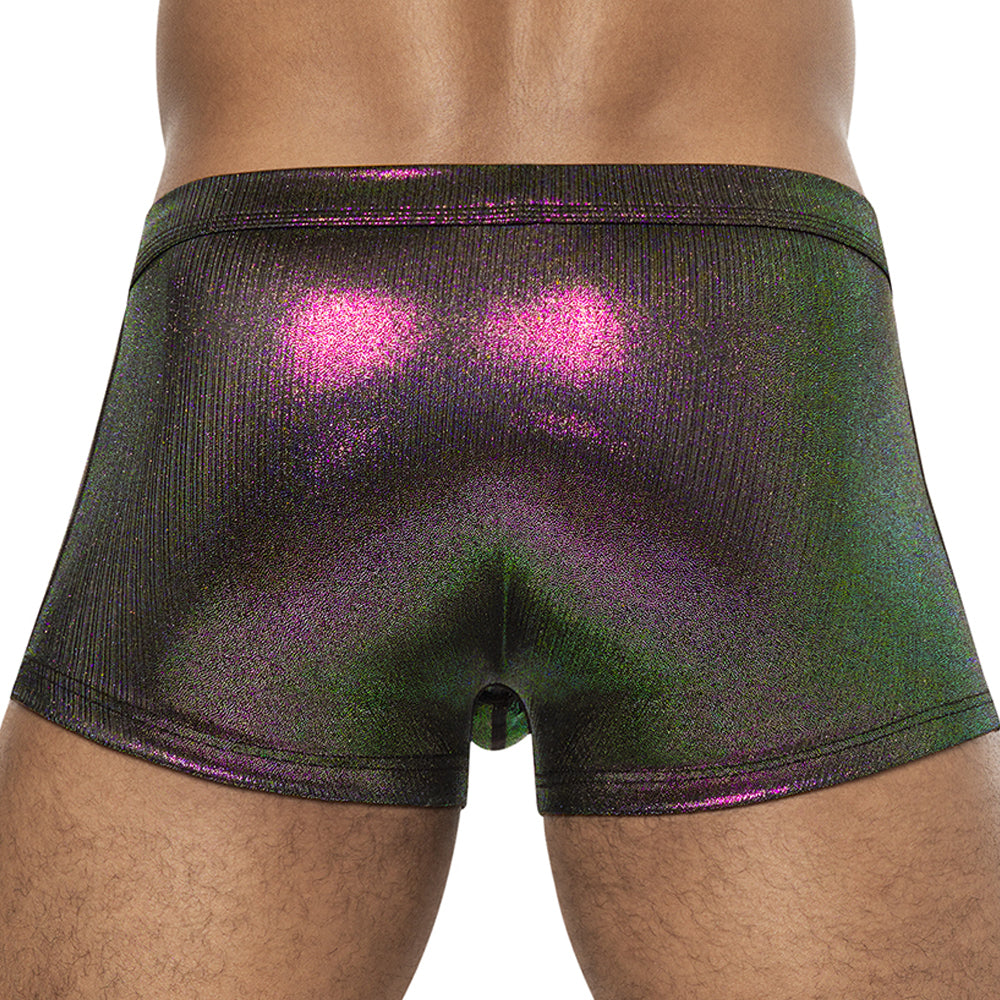 Male Power Hocus Pocus Holographic Uplift Mini Shorts are made from stretchy, deep purple holographic material for an eye-catching finish, perfect for any occasion. (2)
