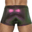 Male Power Hocus Pocus Holographic Uplift Mini Shorts are made from stretchy, deep purple holographic material for an eye-catching finish, perfect for any occasion. (2)