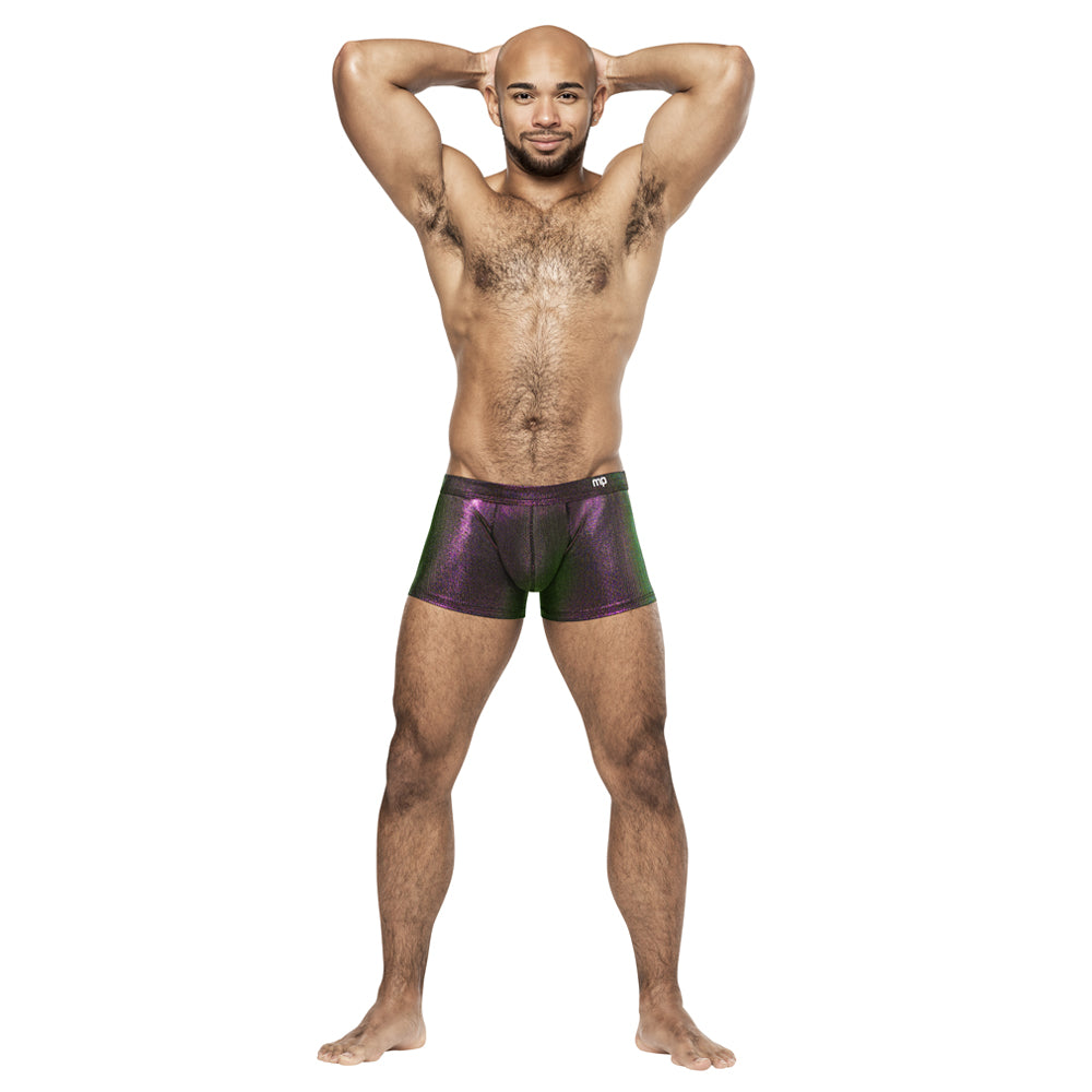 Male Power Hocus Pocus Holographic Uplift Mini Shorts are made from stretchy, deep purple holographic material for an eye-catching finish, perfect for any occasion. (3)