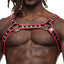  Male Power Leo Faux Leather Studded Chest Harness has a striking red trim & 2 O-rings for attaching BDSM accessories + adjustable snap buttons for the best fit.