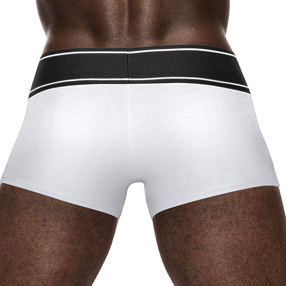 Male Power Modal Rib Pouch Shorts have a wide elastic waistband & are made from super-soft, stretchy Modal fabric in a full-coverage trunk design for supreme comfort. White. (2)