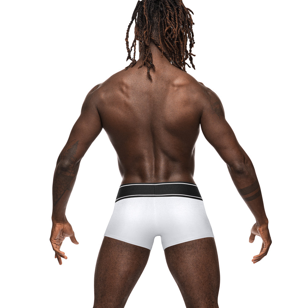 Male Power Modal Rib Pouch Shorts have a wide elastic waistband & are made from super-soft, stretchy Modal fabric in a full-coverage trunk design for supreme comfort. White. (4)