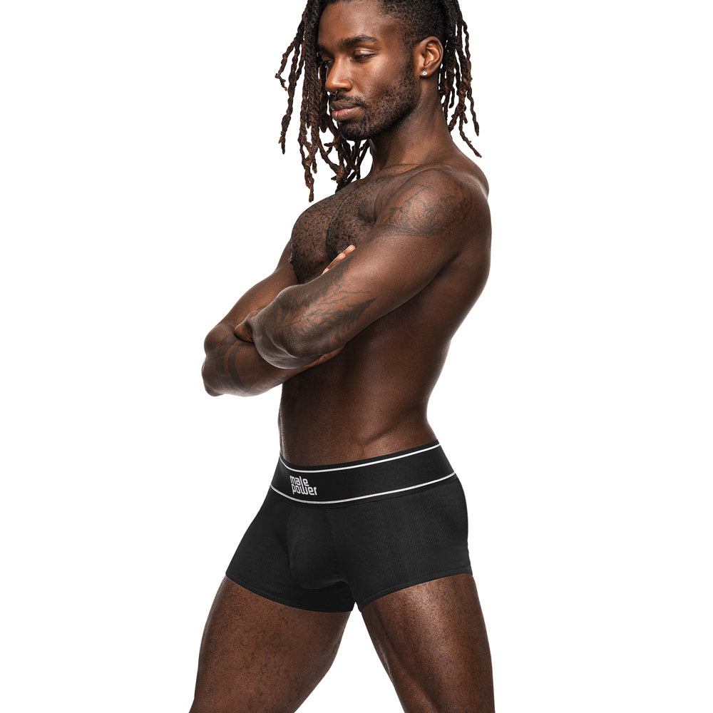 Male Power Modal Rib Pouch Shorts have a wide elastic waistband & are made from super-soft, stretchy Modal fabric in a full-coverage trunk design for supreme comfort. Black. (5)