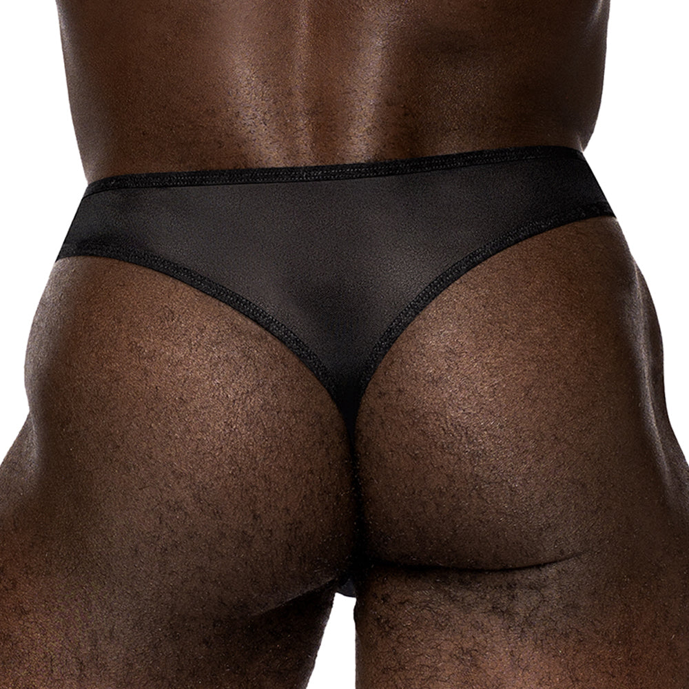 Male Power Sassy Lace Sheer Mesh Peek-A-Boo Open Ring Thong has an open crotchless front to show off your package while the rear reveals your buns. Black. (2)
