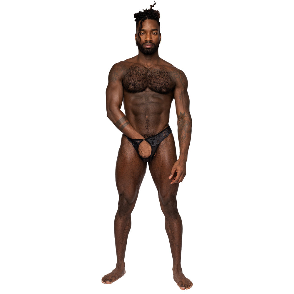 Male Power Sassy Lace Sheer Mesh Peek-A-Boo Open Ring Thong has an open crotchless front to show off your package while the rear reveals your buns. Black. (3)