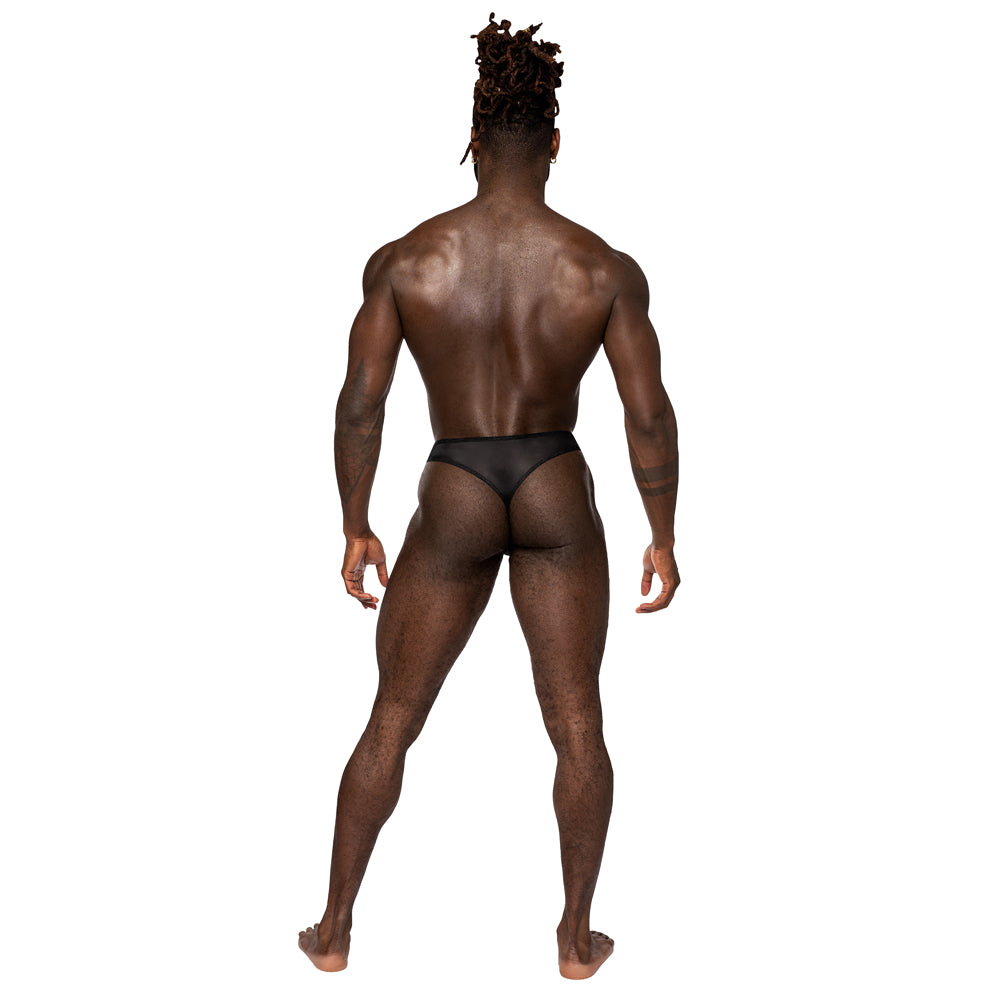 Male Power Sassy Lace Sheer Mesh Peek-A-Boo Open Ring Thong has an open crotchless front to show off your package while the rear reveals your buns. Black. (4)