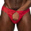 Male Power Sassy Lace Sheer Mesh Peek-A-Boo Open Ring Thong has an open crotchless front to show off your package while the rear reveals your buns. Red.