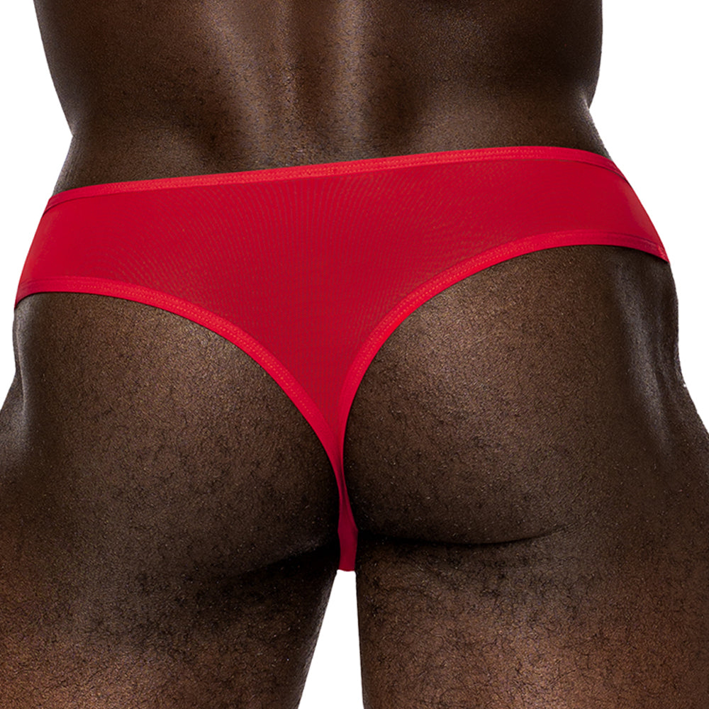 Male Power Sassy Lace Sheer Mesh Peek-A-Boo Open Ring Thong has an open crotchless front to show off your package while the rear reveals your buns. Red. (2)