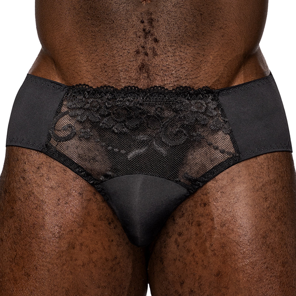 Male Power Sheer Sassy Lace Solid Pouch Bikini Brief feature quick-dry opaque panels at the crotch & hips while sheer mesh adorned w/ floral lace lets your skin peek through. Black.