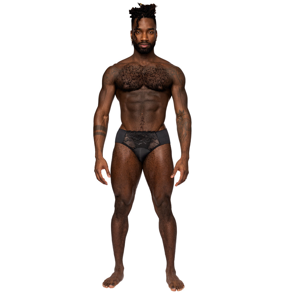 Male Power Sheer Sassy Lace Solid Pouch Bikini Brief feature quick-dry opaque panels at the crotch & hips while sheer mesh adorned w/ floral lace lets your skin peek through. Black. (3)