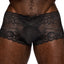 Male Power Sheer Sassy Lace Solid Pouch Mini Shorts are made from stretchy floral mesh w/ scalloped legs & waistband for a feminine touch. Black.