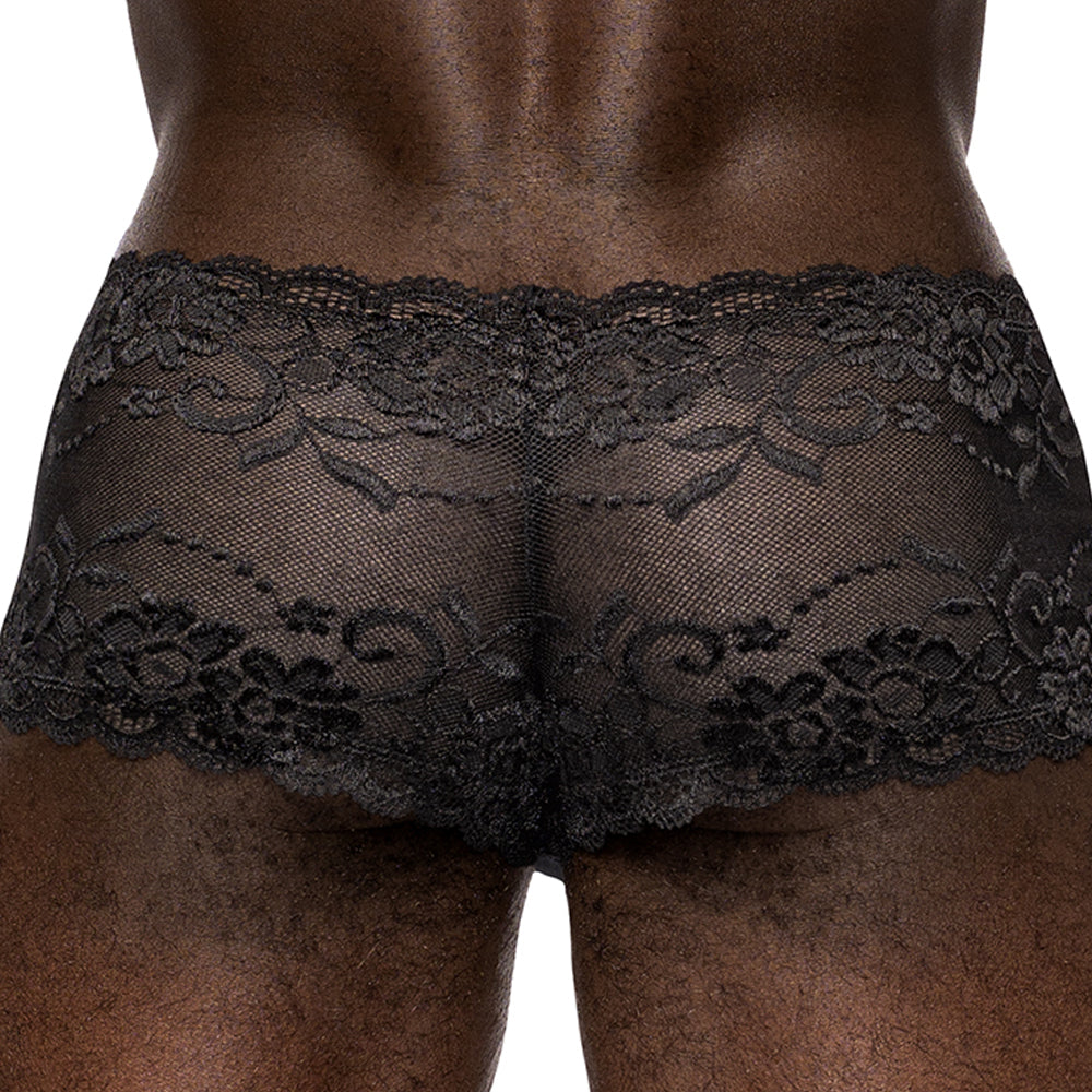 Male Power Sheer Sassy Lace Solid Pouch Mini Shorts are made from stretchy floral mesh w/ scalloped legs & waistband for a feminine touch. Black. (2)