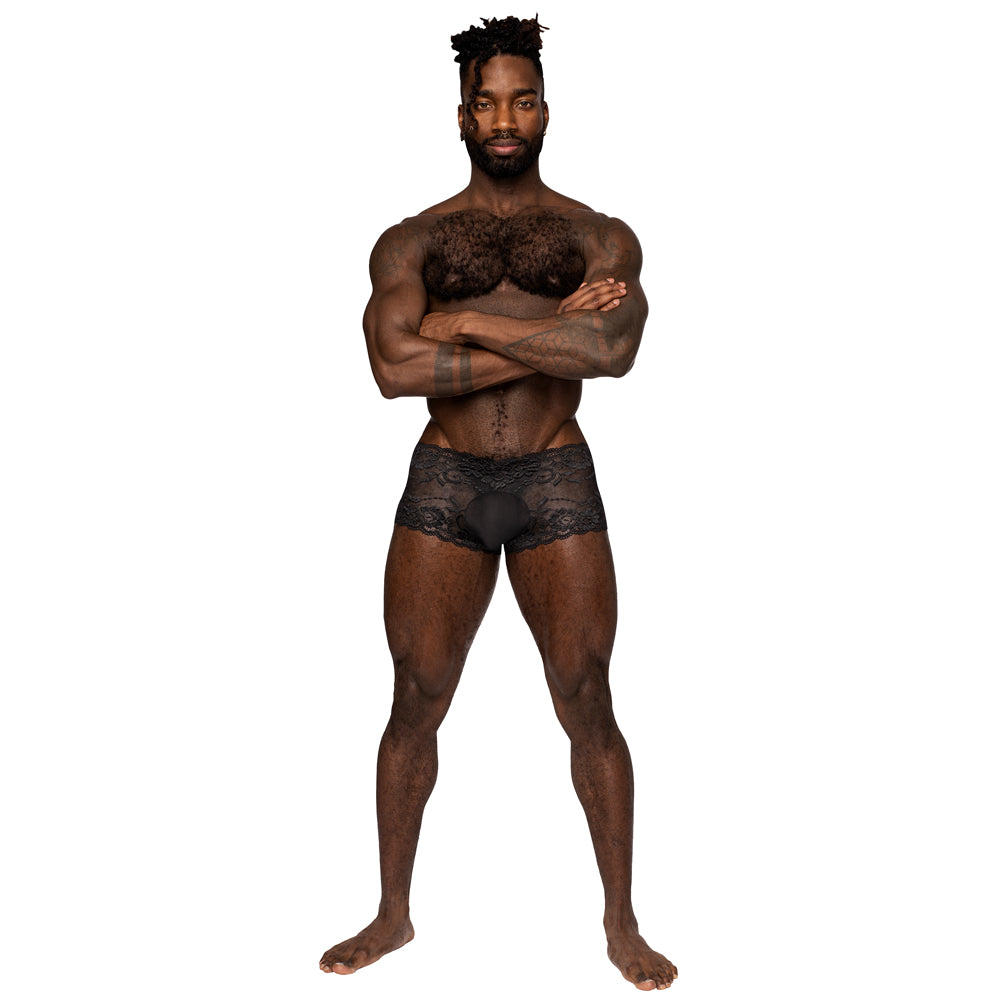 Male Power Sheer Sassy Lace Solid Pouch Mini Shorts are made from stretchy floral mesh w/ scalloped legs & waistband for a feminine touch. Black. (3)