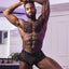 Male Power Sheer Sassy Lace Solid Pouch Mini Shorts are made from stretchy floral mesh w/ scalloped legs & waistband for a feminine touch. Black. Editorial.