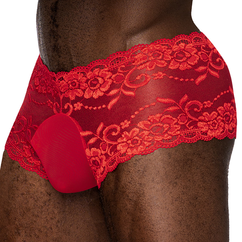 Male Power Sheer Sassy Lace Solid Pouch Mini Shorts are made from stretchy floral mesh w/ scalloped legs & waistband for a feminine touch. Red.
