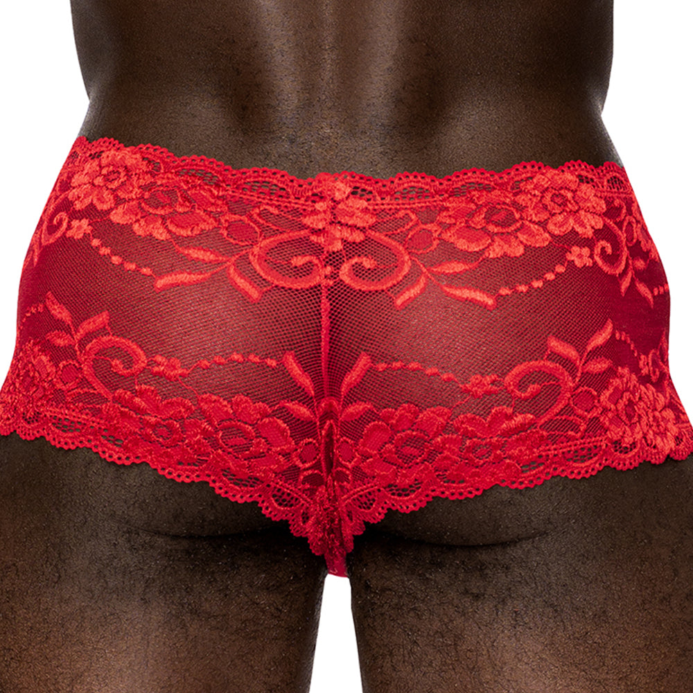 Male Power Sheer Sassy Lace Solid Pouch Mini Shorts are made from stretchy floral mesh w/ scalloped legs & waistband for a feminine touch. Red. (2)