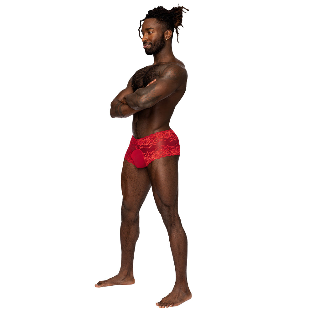 Male Power Sheer Sassy Lace Solid Pouch Mini Shorts are made from stretchy floral mesh w/ scalloped legs & waistband for a feminine touch. Red. (3)