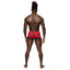 Male Power Sheer Sassy Lace Solid Pouch Mini Shorts are made from stretchy floral mesh w/ scalloped legs & waistband for a feminine touch. Red. (4)