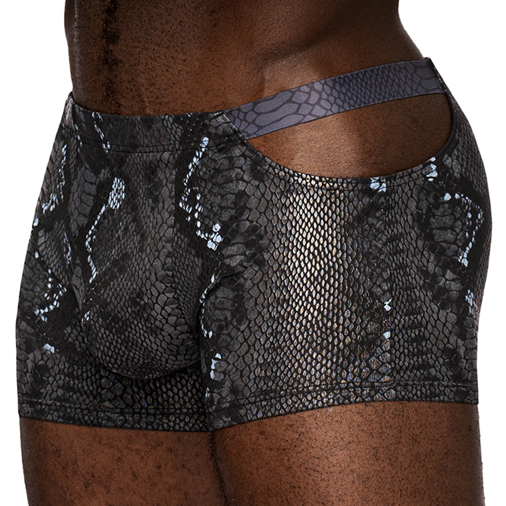  Male Power S'Naked Snakeskin Print Pouch Short has a metallic snake print pattern in all-way stretch boxer briefs, complete w/ hip cutouts to expose some skin.