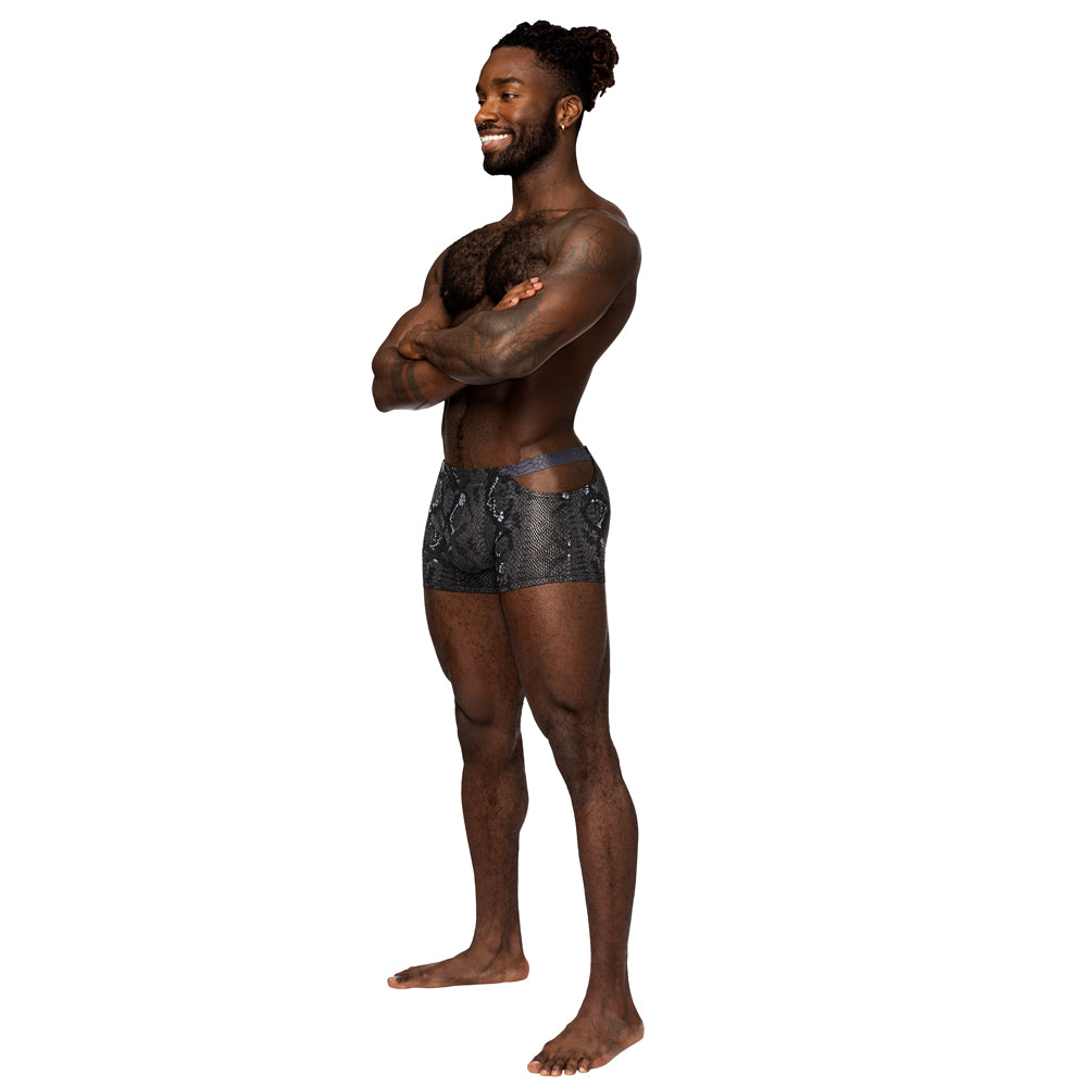  Male Power S'Naked Snakeskin Print Pouch Short has a metallic snake print pattern in all-way stretch boxer briefs, complete w/ hip cutouts to expose some skin. (3)